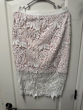Lace Overlay Pencil Skirt - Blush Pink and White